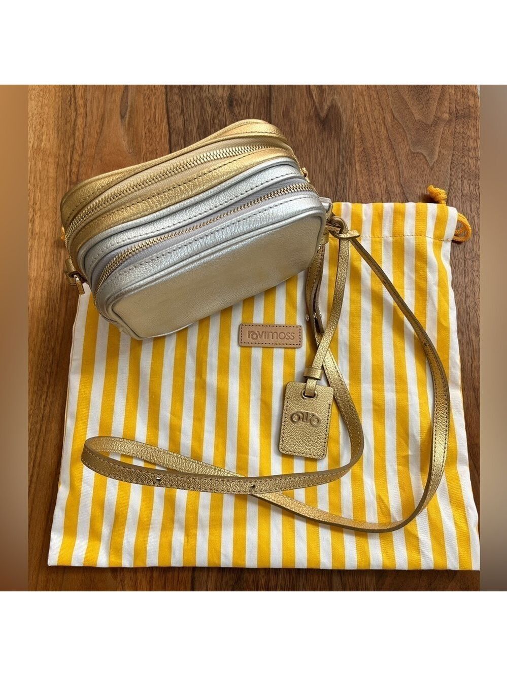 ROVIMOSS Crossbody Bag & Dust Bag Gold Silver Leather Metallic Mini Square Chic